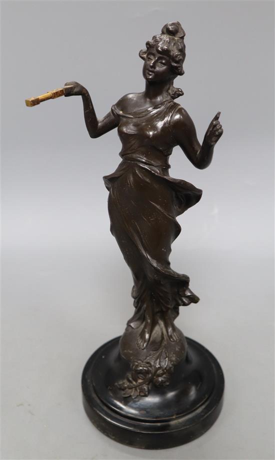 An early 20th century German Diana spelter mystery clock, height 32cm